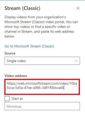 Video Embed using Stream Classic webpart in SharePoint Online Modern Page